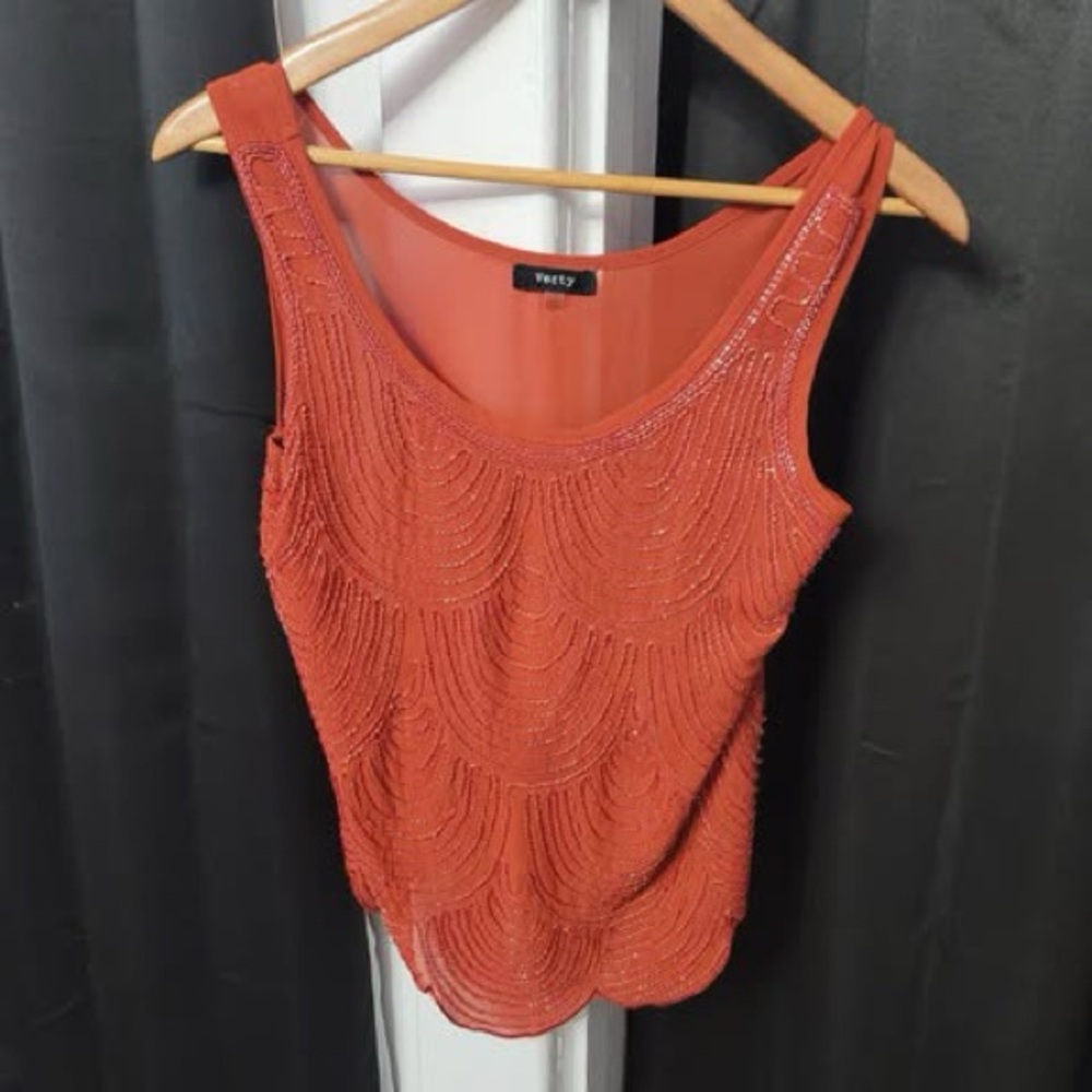 Vintage Verty Tank Top Women S Orange Beaded Embroidered Mesh